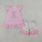 Baby Girls Kids Short Sleeves Embroidery Rabbit Bow Pink Tops Plaid Shorts Easter Set RTS