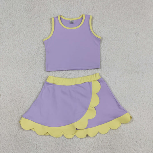 Baby Girls Kids Lavender Tops Scallop Skirt Shorts Yoga Active Set Summer Clothes RTS