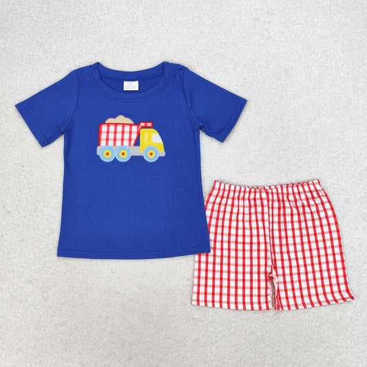 RTS Baby Boy Short Sleeves Embroidery Truck Blue Shirt Plaid Shorts Set