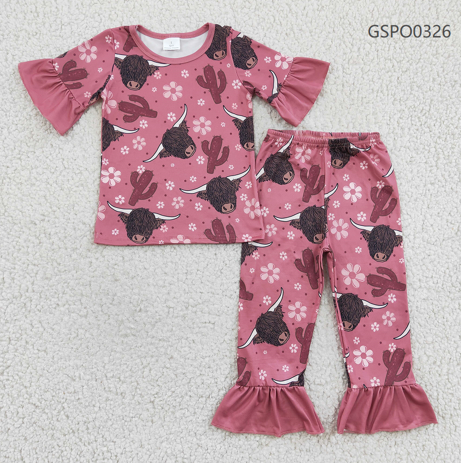 Promotion Baby Girl Western Cow Cactus Pants Outfit Short Sleeves Pajamas RTS
