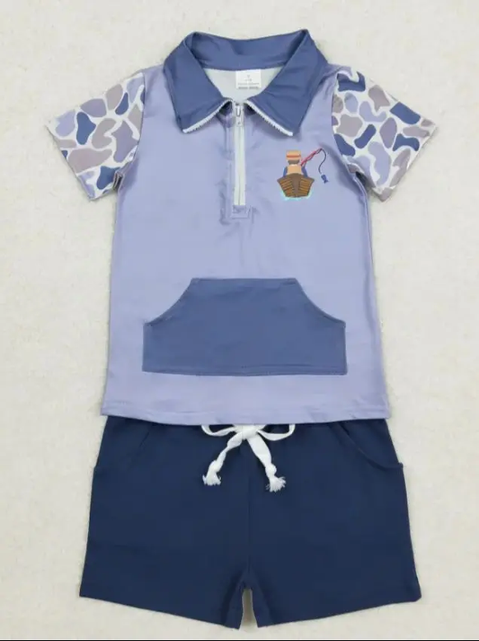 Baby Boys Black Short Camo Sleeves Fishing Zipper Shirt Pockets Shorts Clothes Set RTS