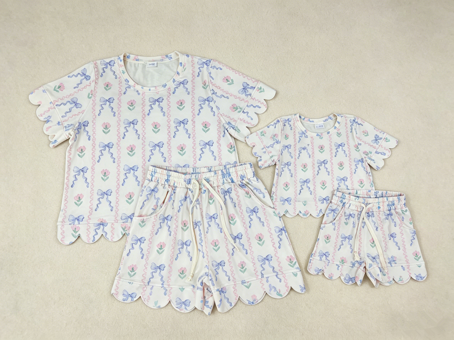 Sibling Baby Girls Adult Women Short Sleeves Flower Shirts Shorts Scallop Sets Summer Clothes RTS