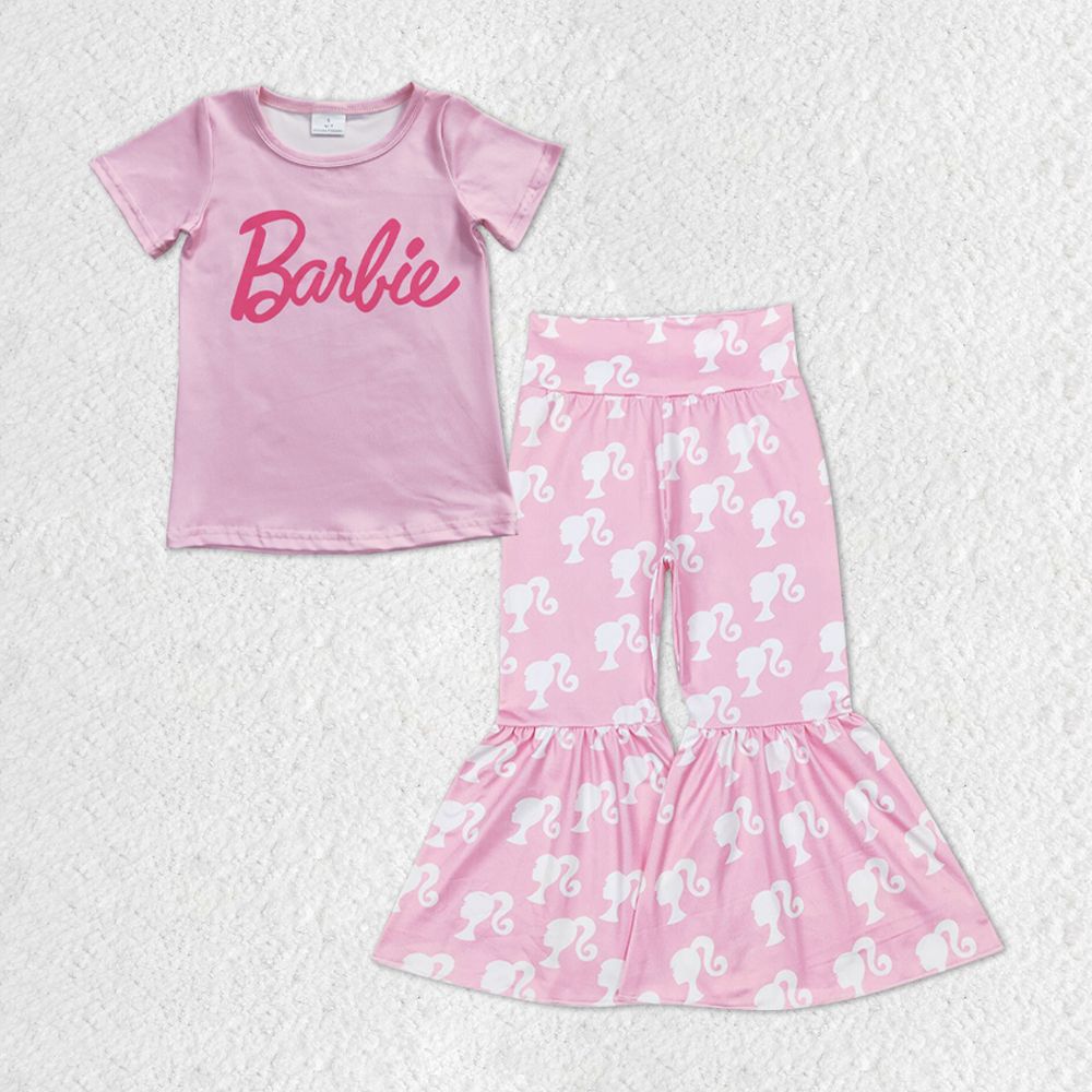 GSPO1301 Baby Girl Short Sleeves Doll Shirt Bell Pants Pink Set