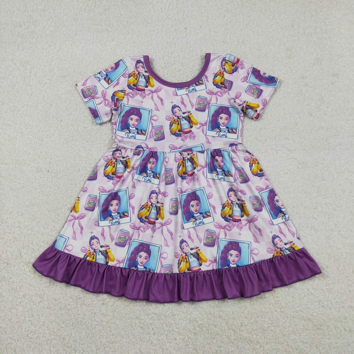 Baby Girls Short Sleeves Singer Characters Purple Bows Ruffle Knee Length Dress RTS