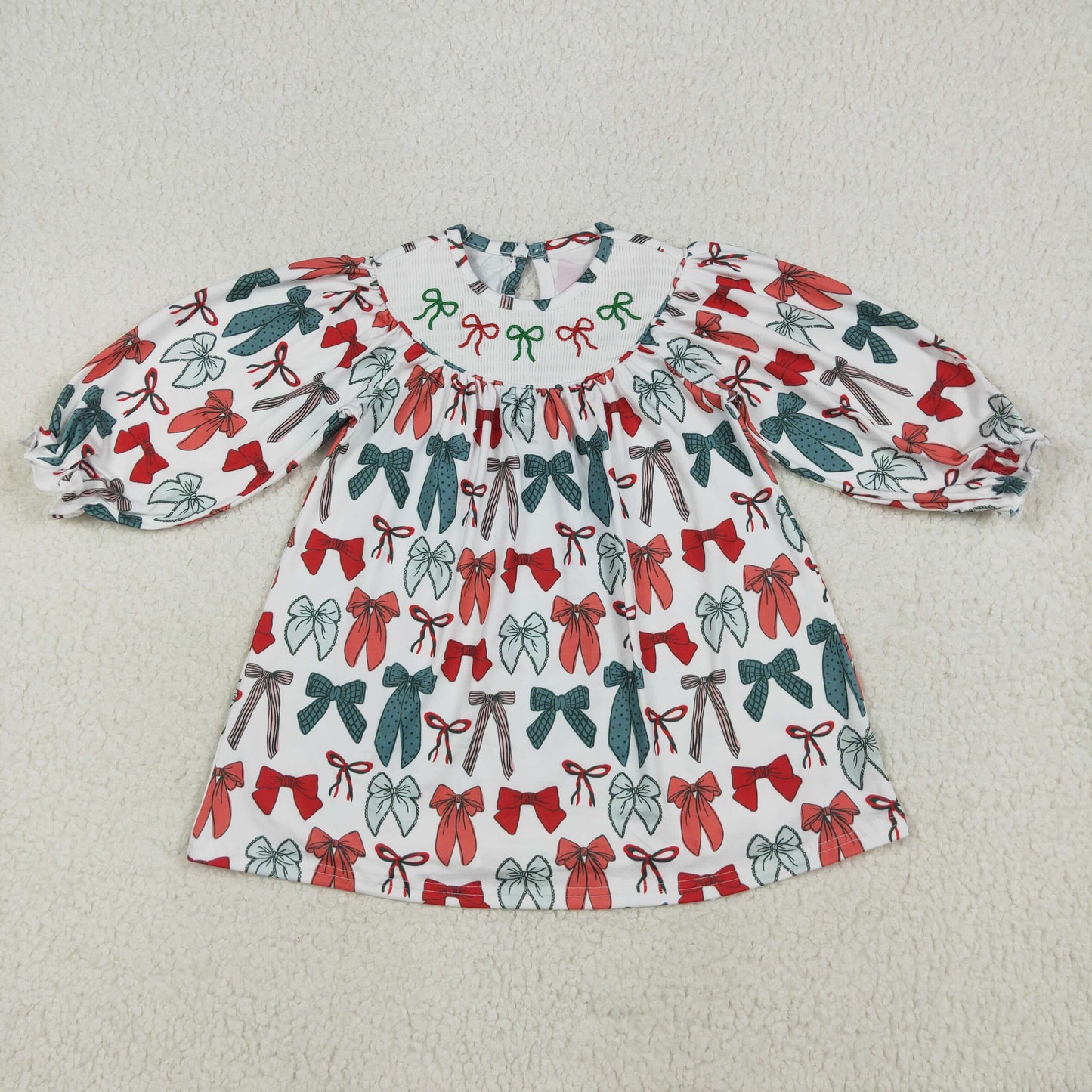 Baby Girl Long Sleeves Christmas Embroidery Bows Knee Length Smocked Dress  RTS