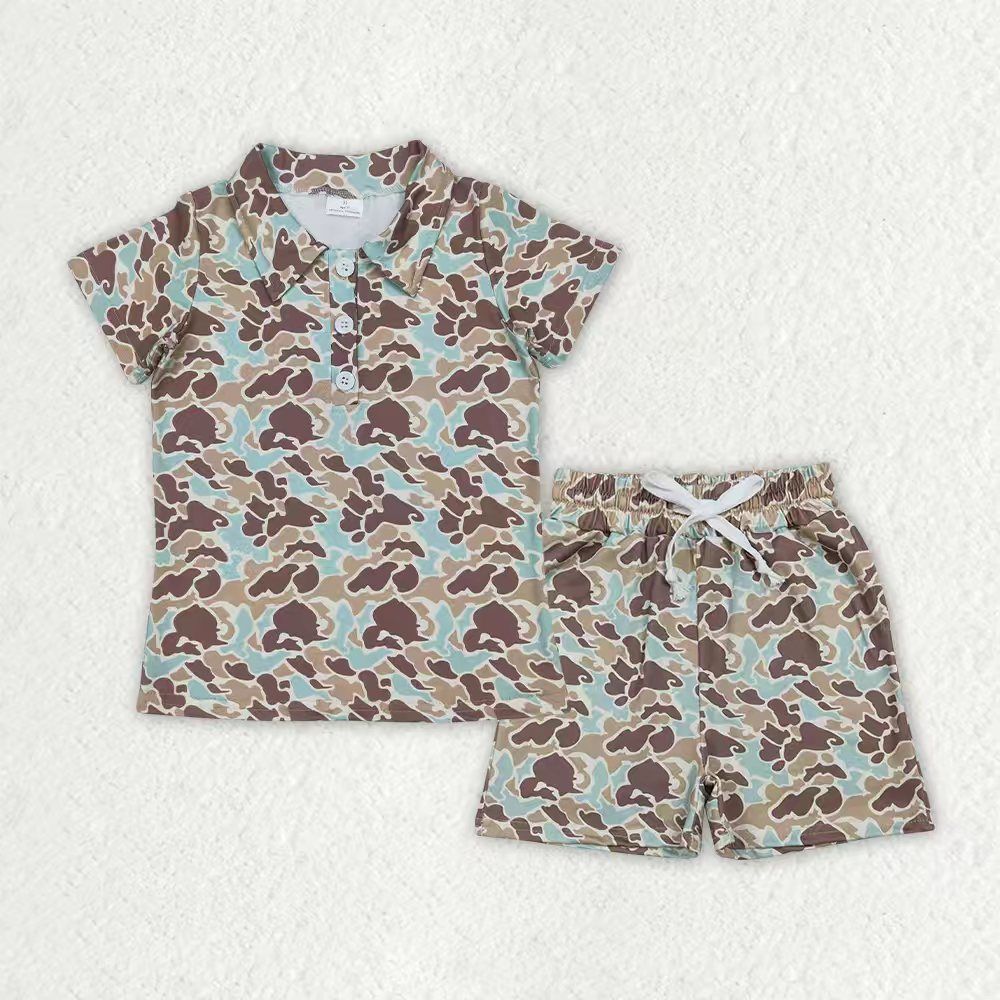 Baby Boys Kids Short Sleeves Buttons Shirt Pockets Shorts Set Camo Clothes RTS RTS