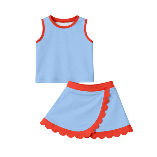 ( Moq 5 ) Preorder Baby Girls Kids Shirt Scallop Skirt Shorts Yoga Active Blue Red Set Clothes