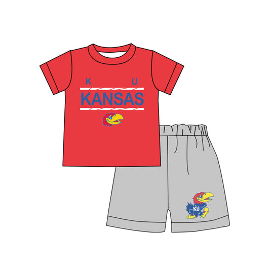 ( Moq 5 ) Baby Boy Red Short Sleeves KU Team Shirt Shorts outfit