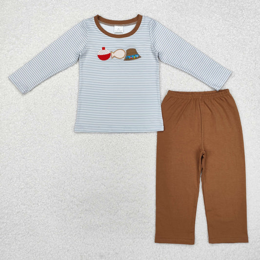 Baby Boy Long Sleeves Embroidery Fishing Stripes Shirt Brown Cotton Pants Clothes Set