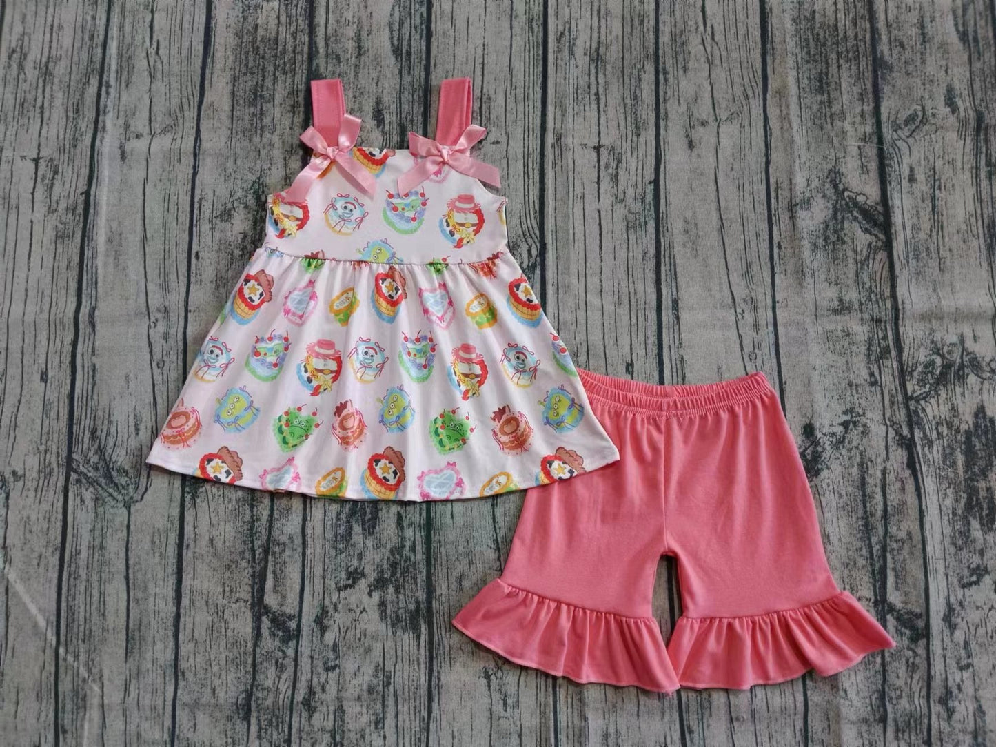 ( Moq 5  ) Baby Girl Sleeveless Cartoon Tunic Pink Cotton Shorts Set