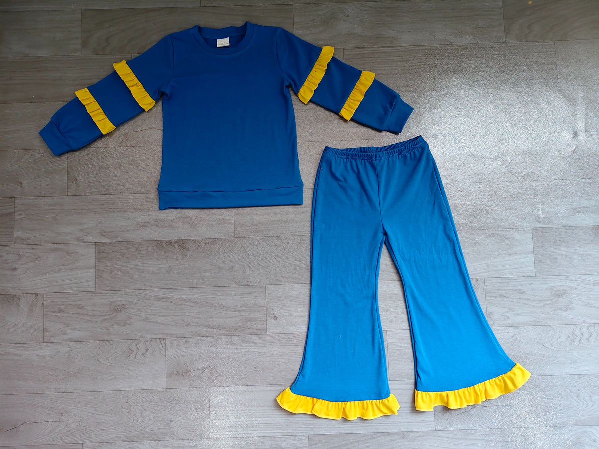 ( No moq ) Preorder Baby Girls Kids Yellow Ruffle Long Sleeves Shirt Pockets Pants Cotton Set Blue Clothes