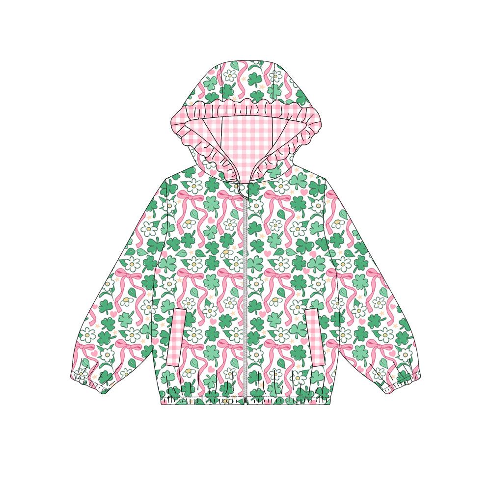 ( Moq 5 ) Preorder Baby Girl Kids Clovers Bows Flower Pockets Zipper Hoodie Jacket St Patrick Tops