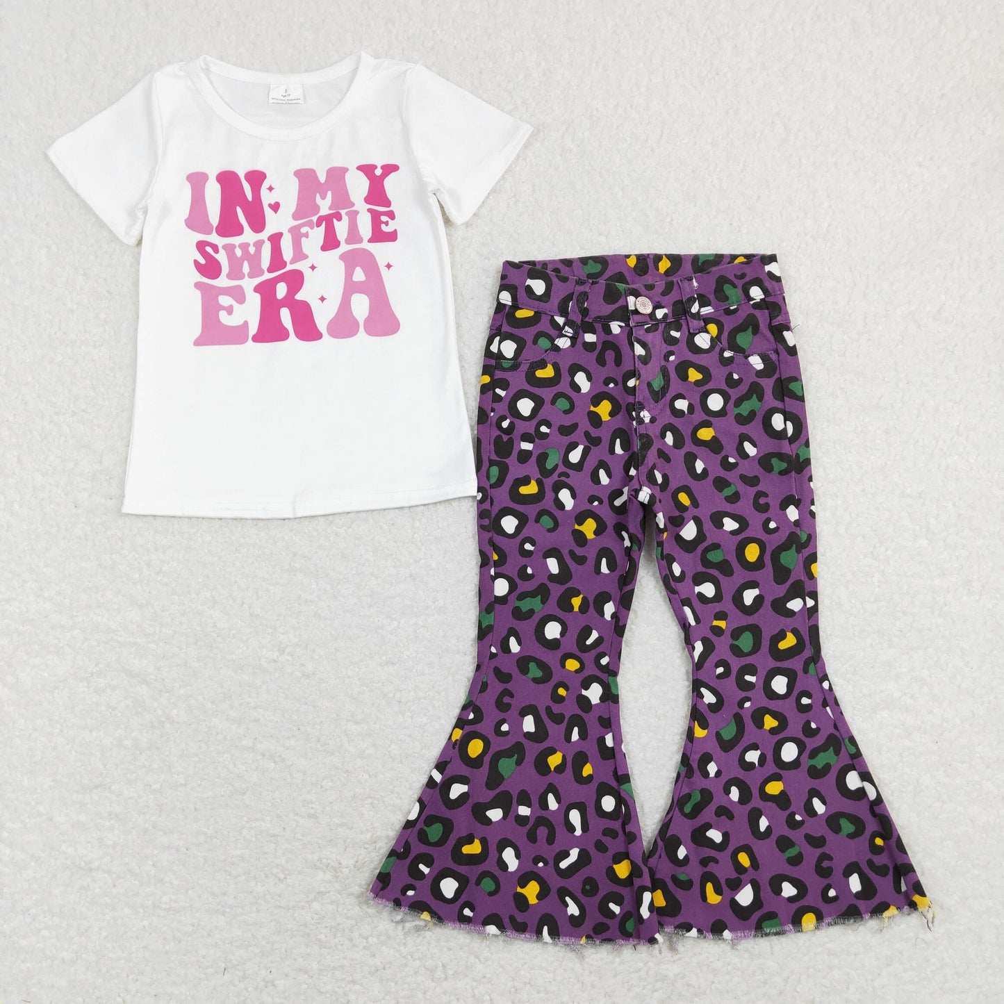 Baby Girl Short Sleeves Shirt Purple Leopard Denim Bell Pants Singer Set