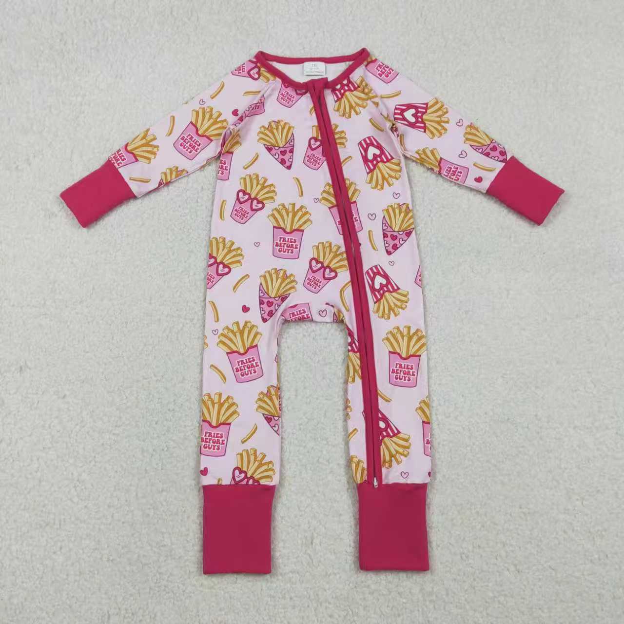 Sibling Baby Girls Long Sleeves Chips Hearts Valentine Zipper Romper Pajamas Pink Set RTS