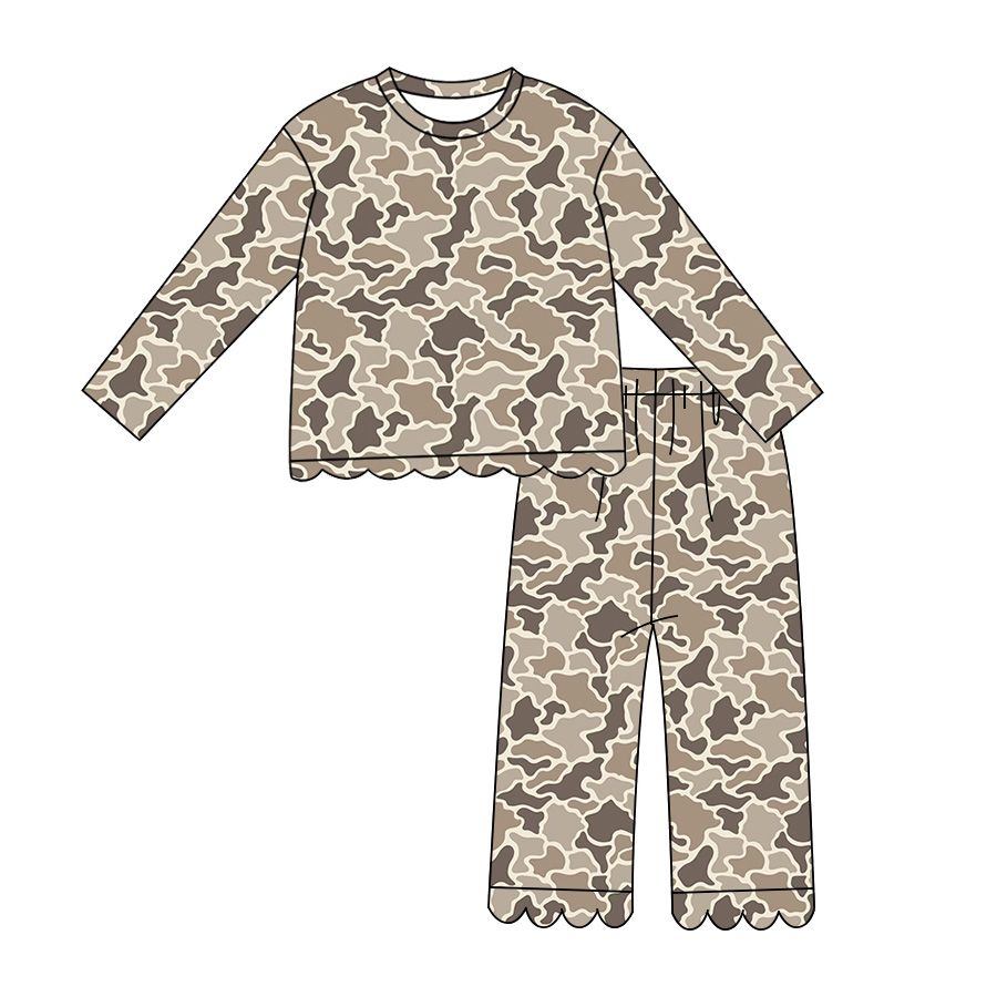 ( Moq 5 ) Preorder Baby Girls Kids Long Sleeves Shirt Pants Scallop Set Camo Clothes
