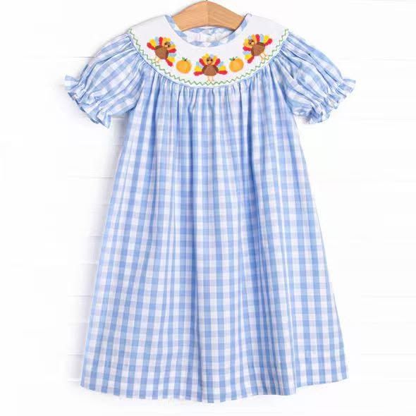 ( Moq 5 ) Preorder Baby Girls Kids Short Sleeves turkey Pumpkins Blue Plaid Dress Fall Clothes