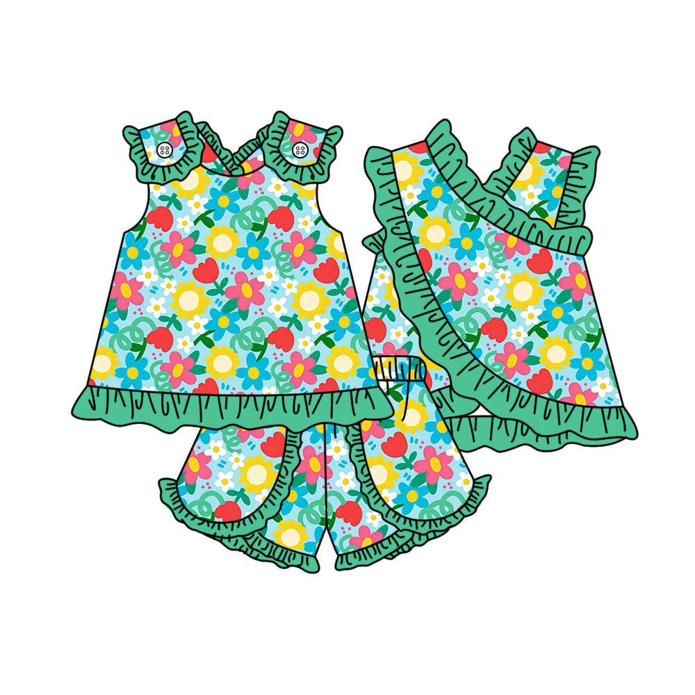 ( Moq 5 ) Preorder Baby Girl Kids Flower Green Ruffle Tops Shorts Set Summer Clothes