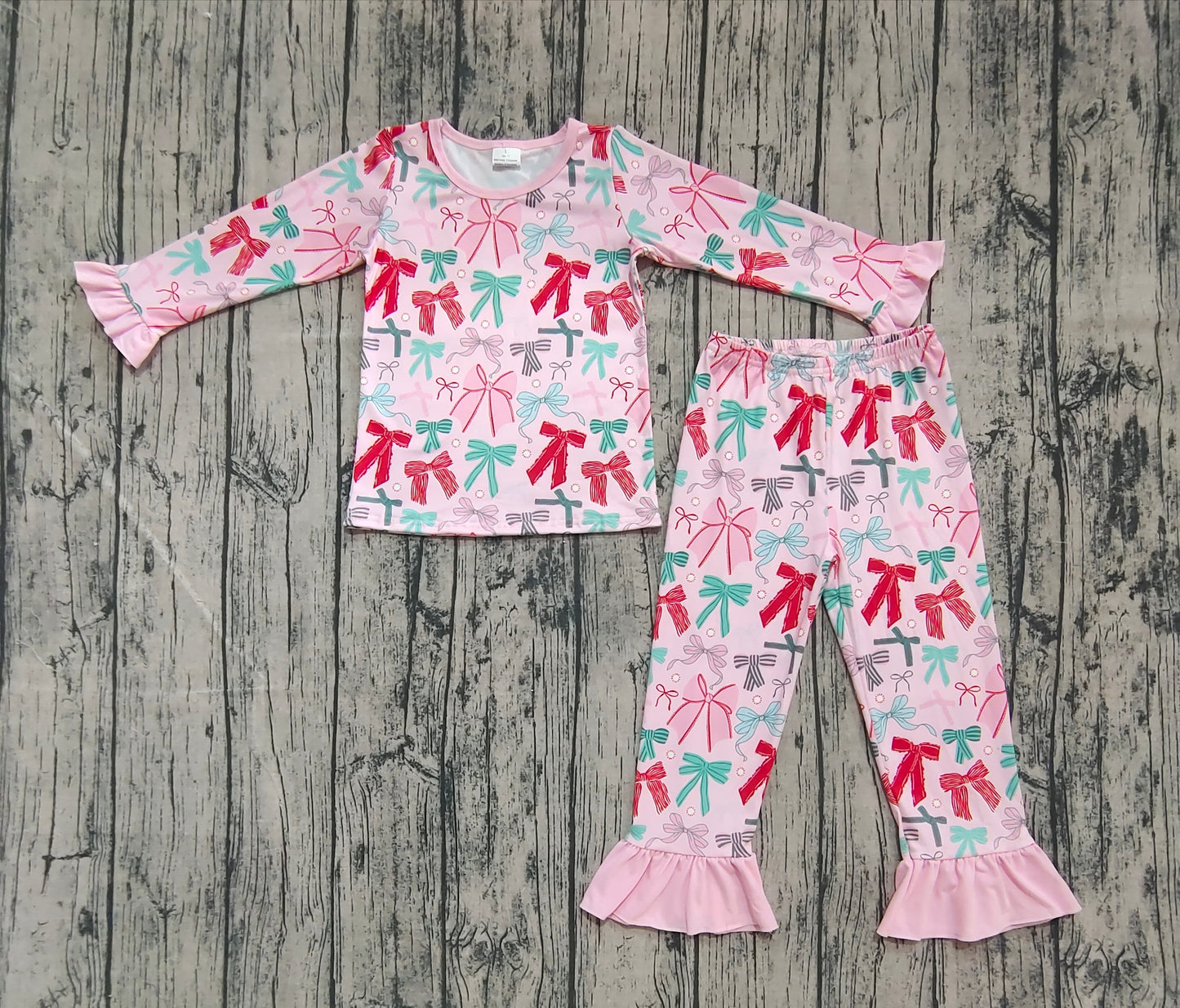 Baby Girl Long Sleeves Colorful Bows Shirt Pants Pajamas Christmas Set RTS