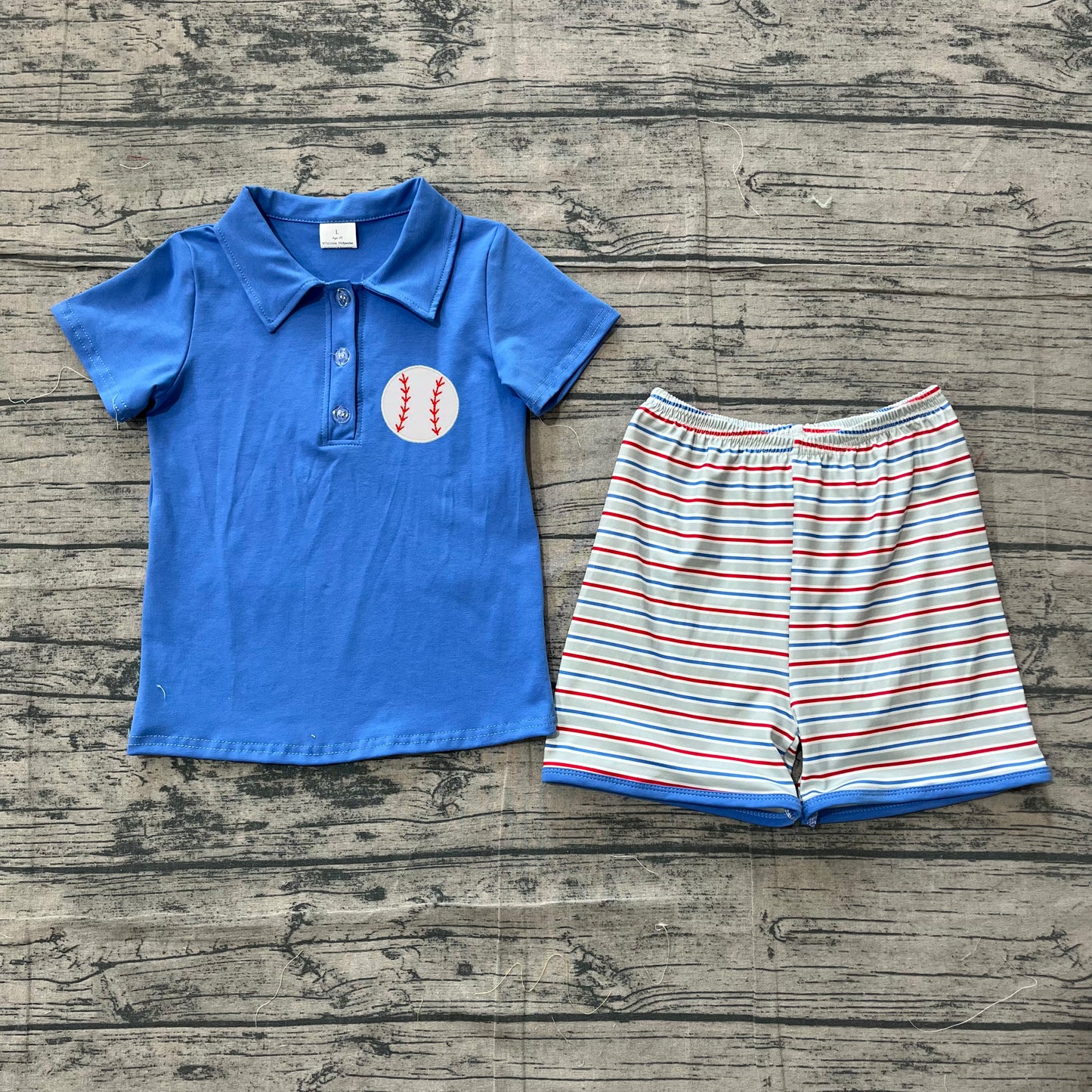 ( Moq 5 ) Preorder Baby Boys Kids Embroidery Baseball Blue  Polo Shirt Stripes Shorts Summer Set