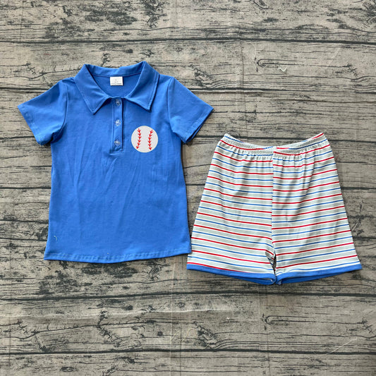 ( Moq 5 ) Preorder Baby Boys Kids Embroidery Baseball Blue  Polo Shirt Stripes Shorts Summer Set