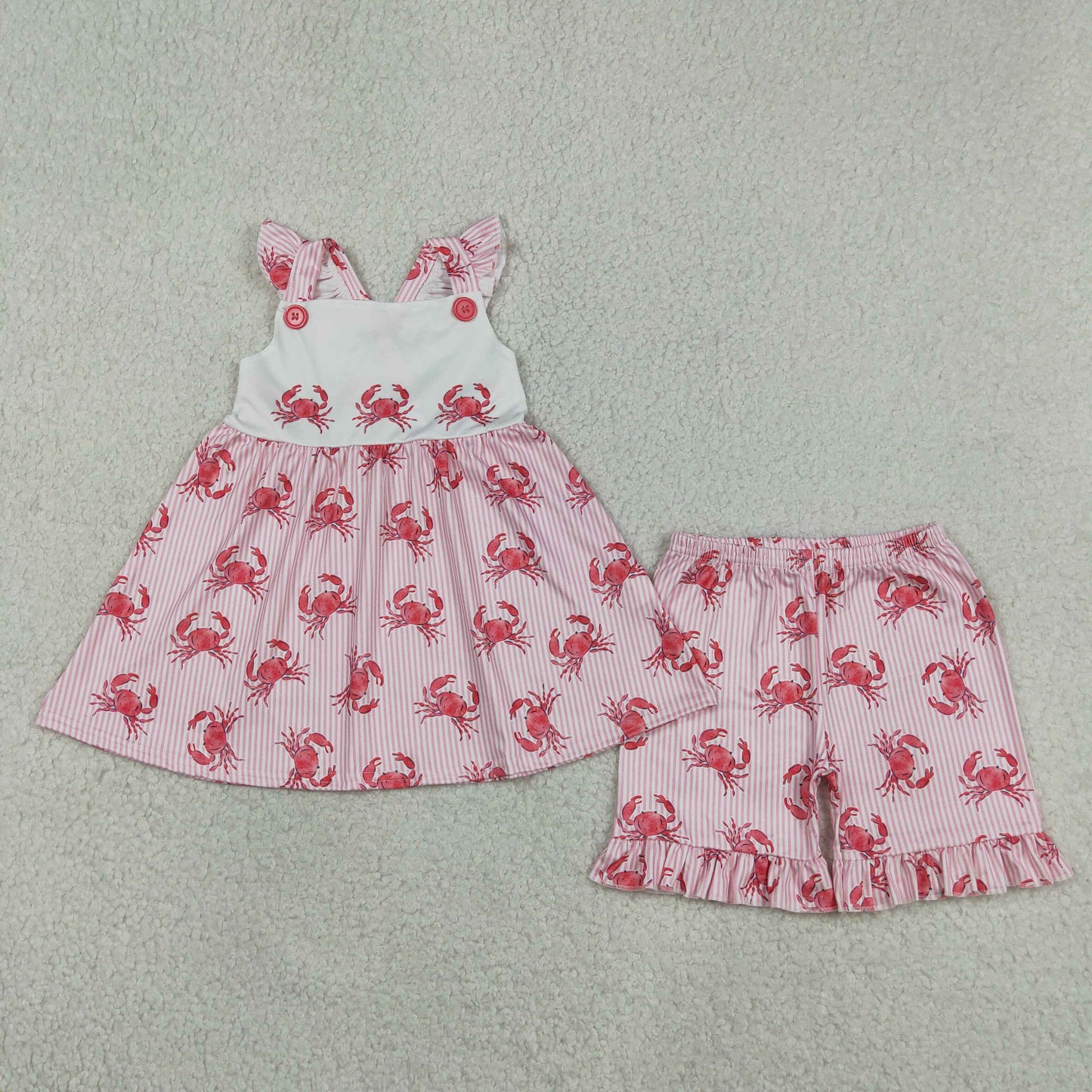 Baby Girls Short Sleeves Crabs Stripes Tops Ruffle Shorts Summer Clothes Set RTS