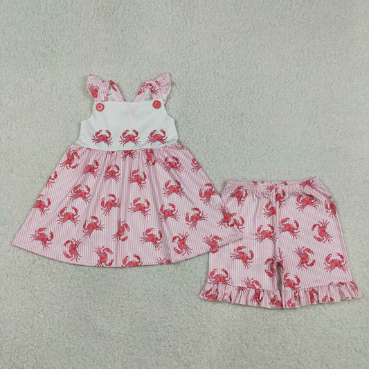 Baby Girls Short Sleeves Crabs Stripes Tops Ruffle Shorts Summer Clothes Set RTS