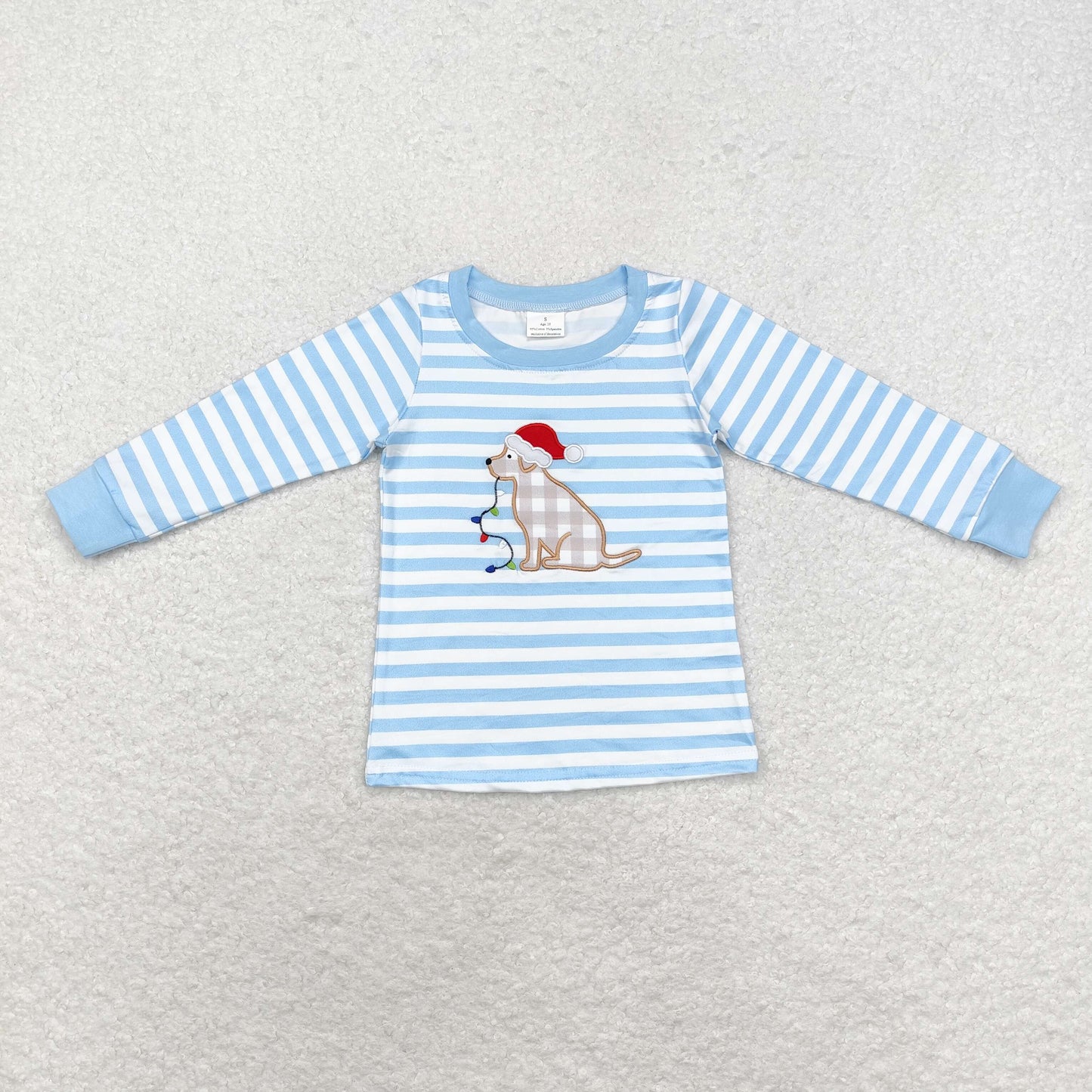 Baby Boy Blue Stripes Long Sleeves Embroidery Dog Christmas Shirt