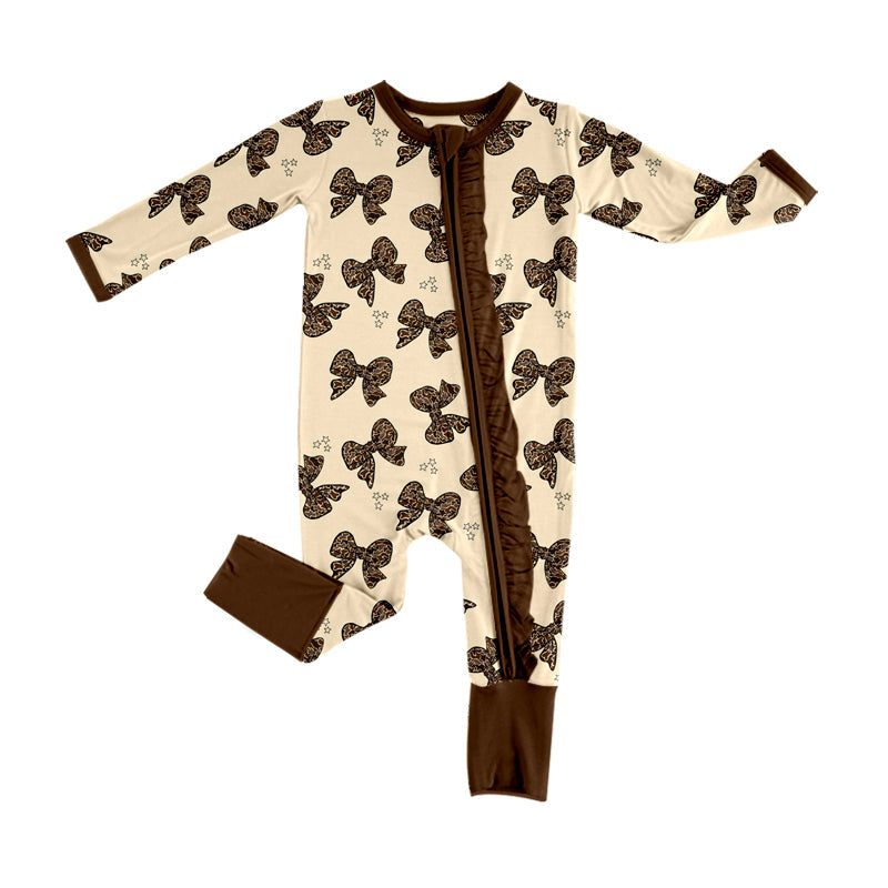 Pre-order Baby Girl Long Sleeves Leopard Bows Zipper Romper