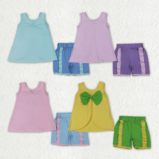 Sibling Baby Girls Kids Back Bows Tops Ruffle Shorts Summer Sets Cotton Clothes RTS