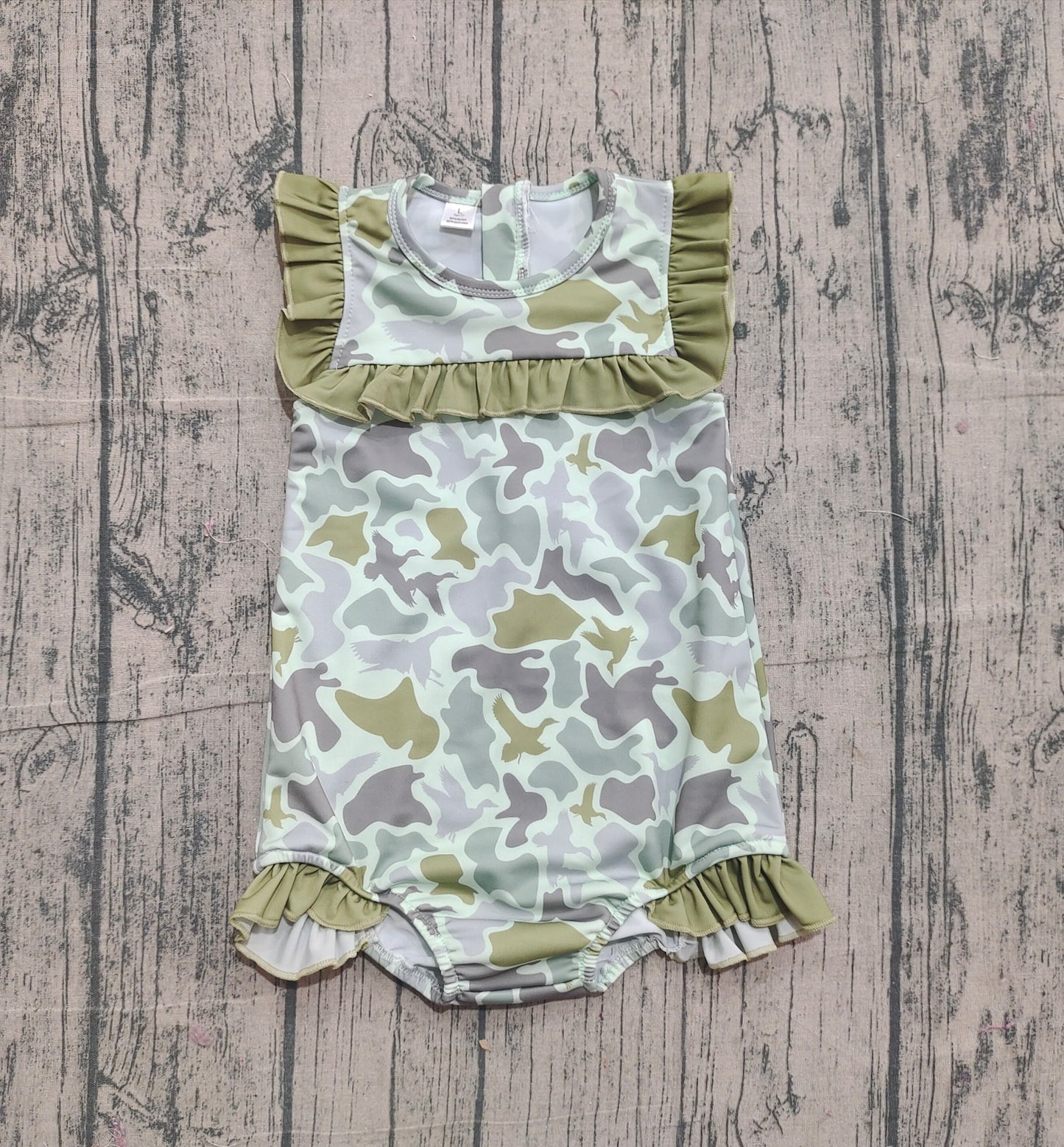 ( No moq ) Preorder Baby Girls Ducks Camo Green Ruffle One-piece Swimsuit