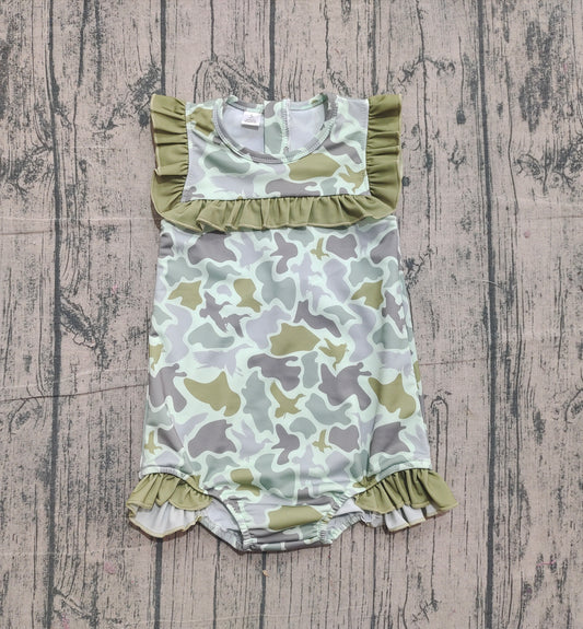 ( No moq ) Preorder Baby Girls Ducks Camo Green Ruffle One-piece Swimsuit