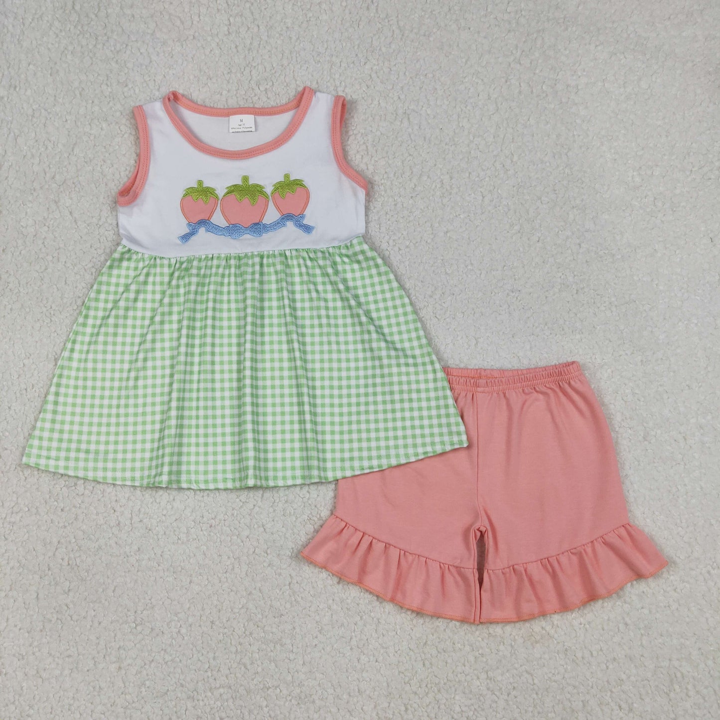Baby Girls Sleeveless Embroidery Strawberry Bows Green Plaid Tunic Pink Shorts Set RTS