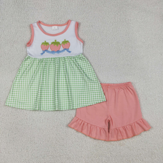Baby Girls Sleeveless Embroidery Strawberry Bows Green Plaid Tunic Pink Shorts Set RTS