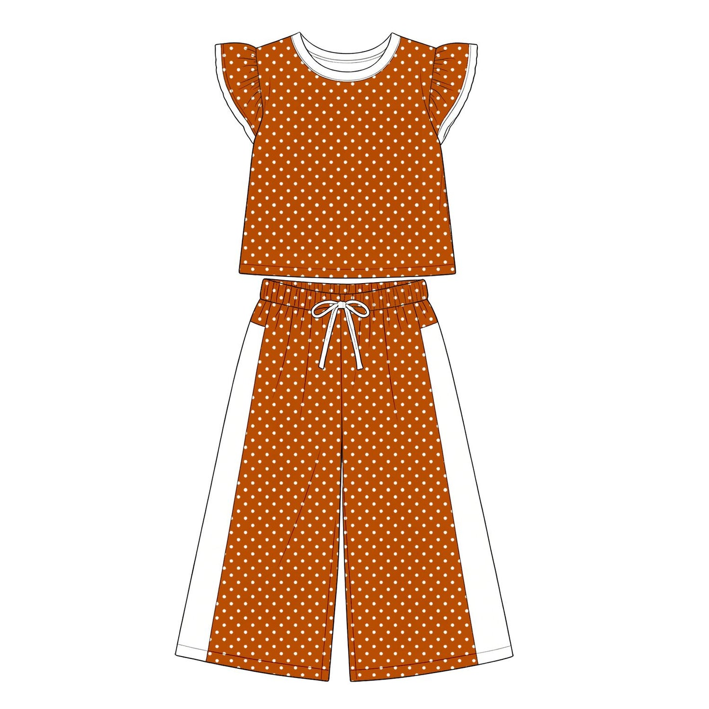 ( Moq 5 ) Preorder Baby Girl Kids Short Sleeves Pocket Shirt Dots Pants Dark Orange Set Clothes