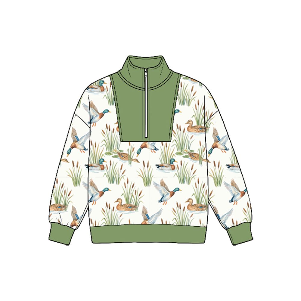 ( Moq 5 ) Preorder Baby Boys Kids Long Sleeves Half Zip Shirt Ducks Green Pullover Tops