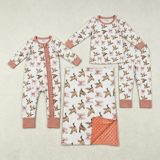 Sibling Baby Girls Kids Long Sleeves Ducks Bows Zipper Romper Pajamas Set RTS