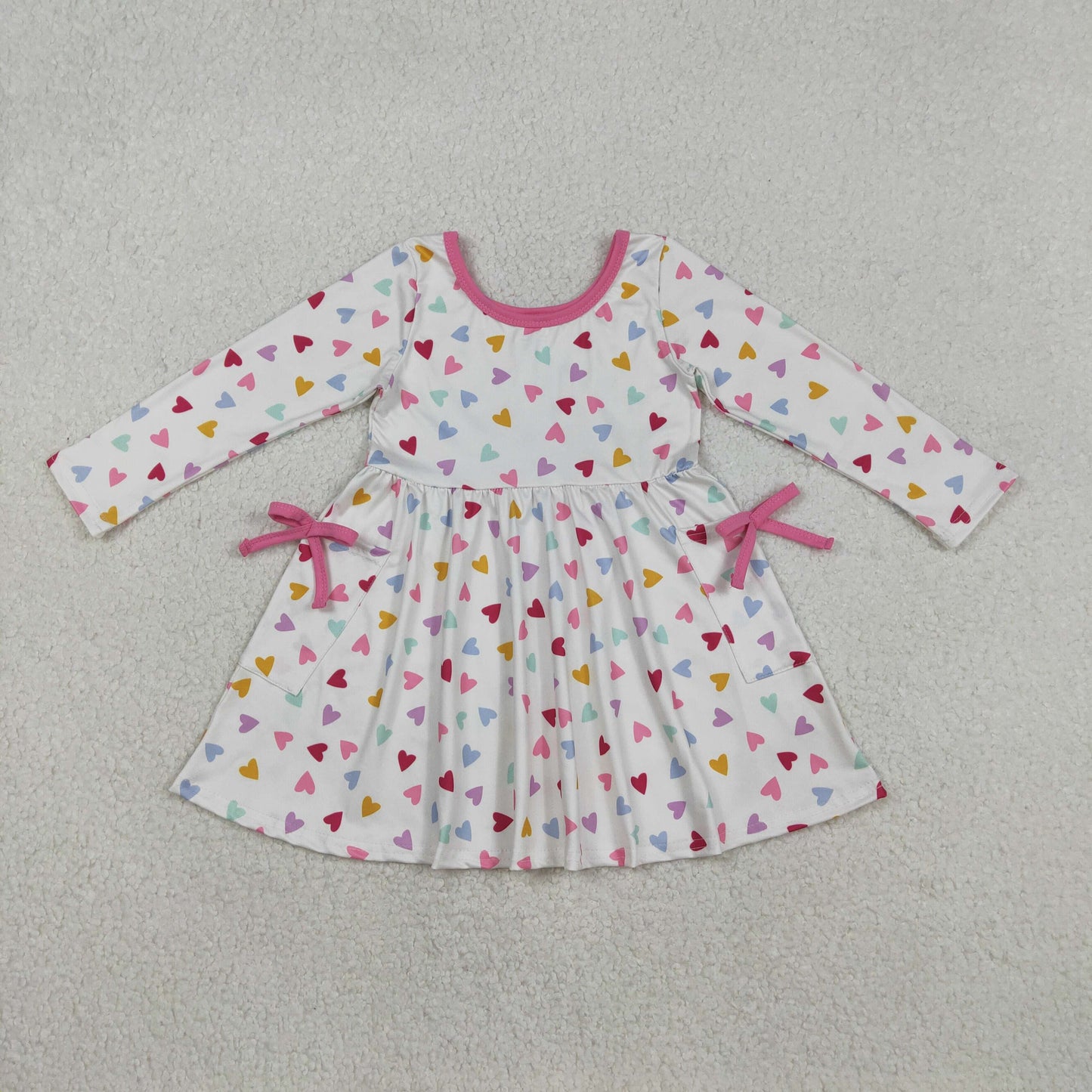 Baby Girls Long Sleeves Hearts Pockets Valentine Knee Length Dress RTS