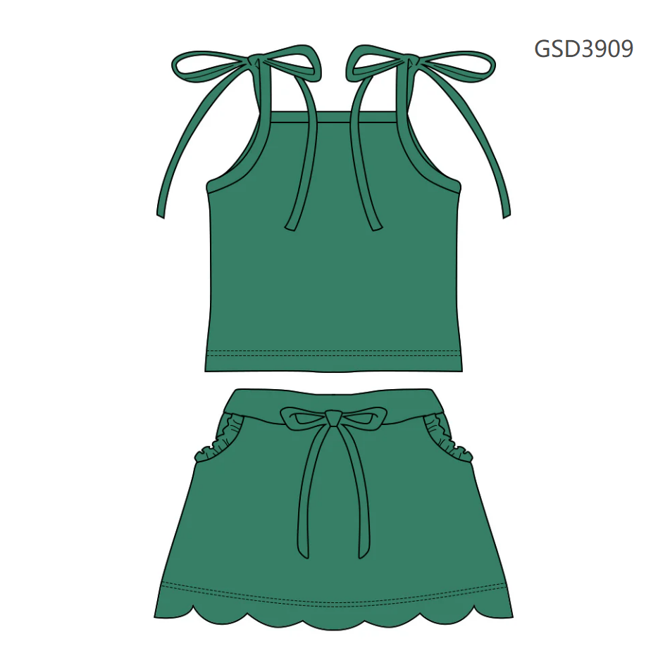 ( Moq 5 ) Preorder Baby Girls Straps Green Tops Pockets Scallop Skirt Shorts Set Clothes