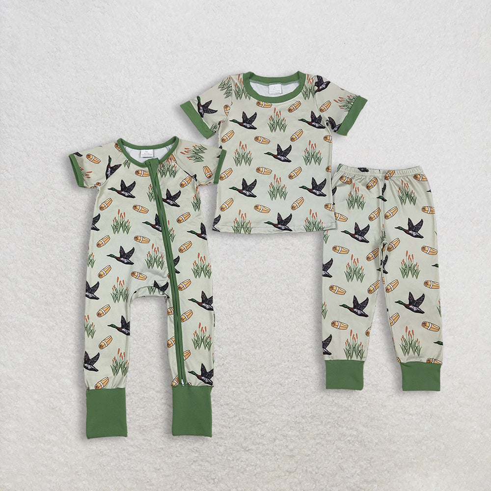 Sibling Baby Boys Kids Short Sleeves Ducks Hunting Green Zipper Romper Set Pajamas Clothes RTS