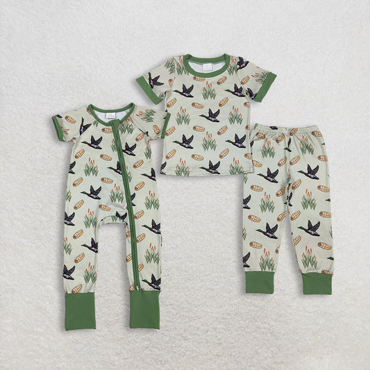 Sibling Baby Boys Kids Short Sleeves Ducks Hunting Green Zipper Romper Set Pajamas Clothes RTS
