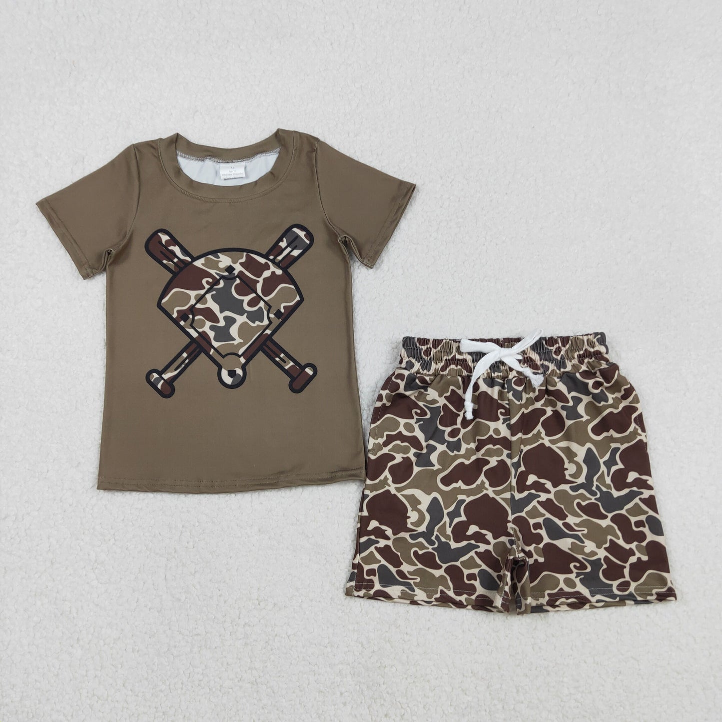 Baby Boys Short Sleeves Baseball Dark Green Shirt Camo Shorts Clothes Set RTS