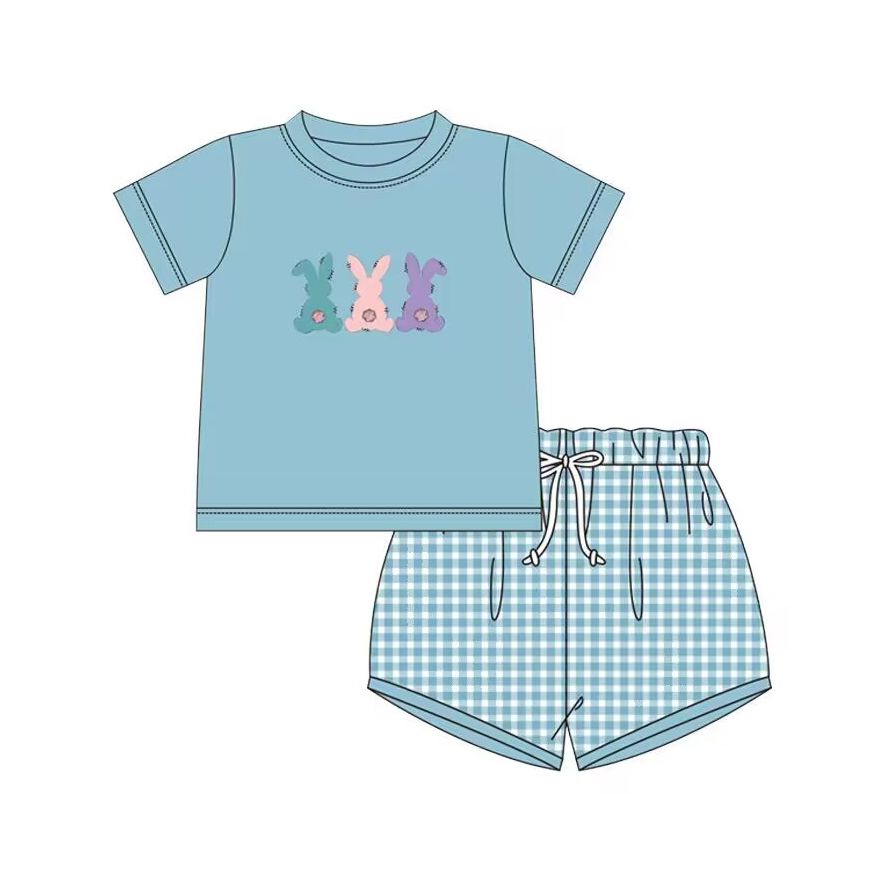 Moq 3 Pre-order BSSO0432 Baby Boy Rabbit Tops Blue Plaid Shorts Easter Set