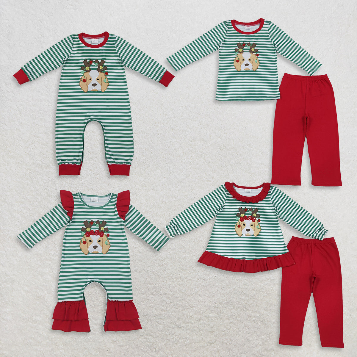 Sibling Baby Boys Girls Kids Embroidery Dog Stripes Tops Red Pants Sets Christmas Clothes RTS