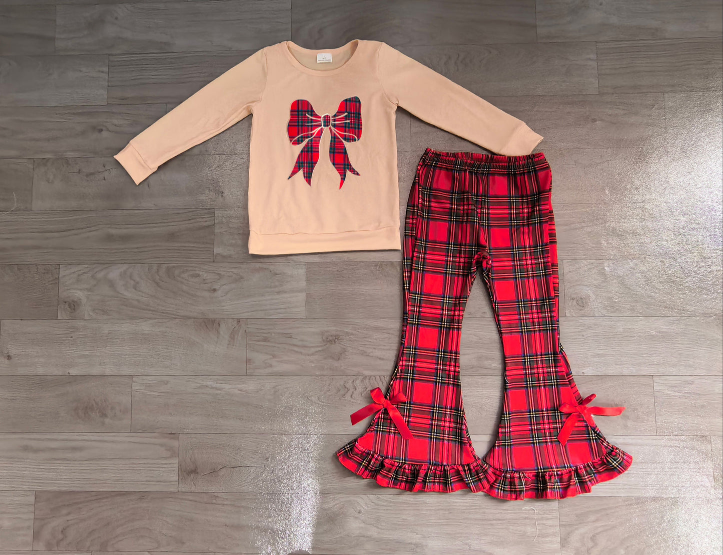 ( Moq 5 ) Preorder Baby Girls Kids Embroidery Christmas Bows Tunic Plaid Pants Set Clothes