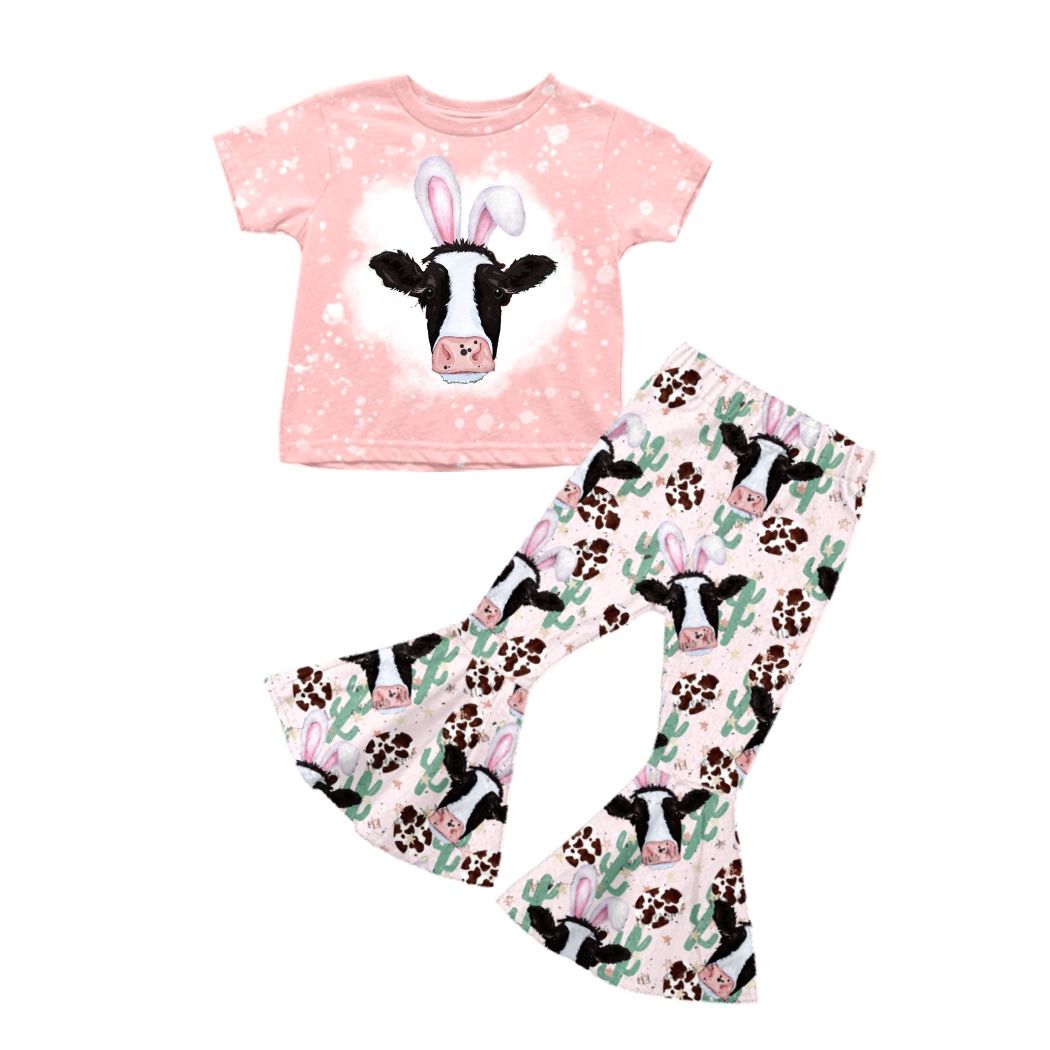 Moq 3 Pre-order GSPO1152 Baby Girl Easter Cow Shirt Eggs Cactus Bell Pants Set