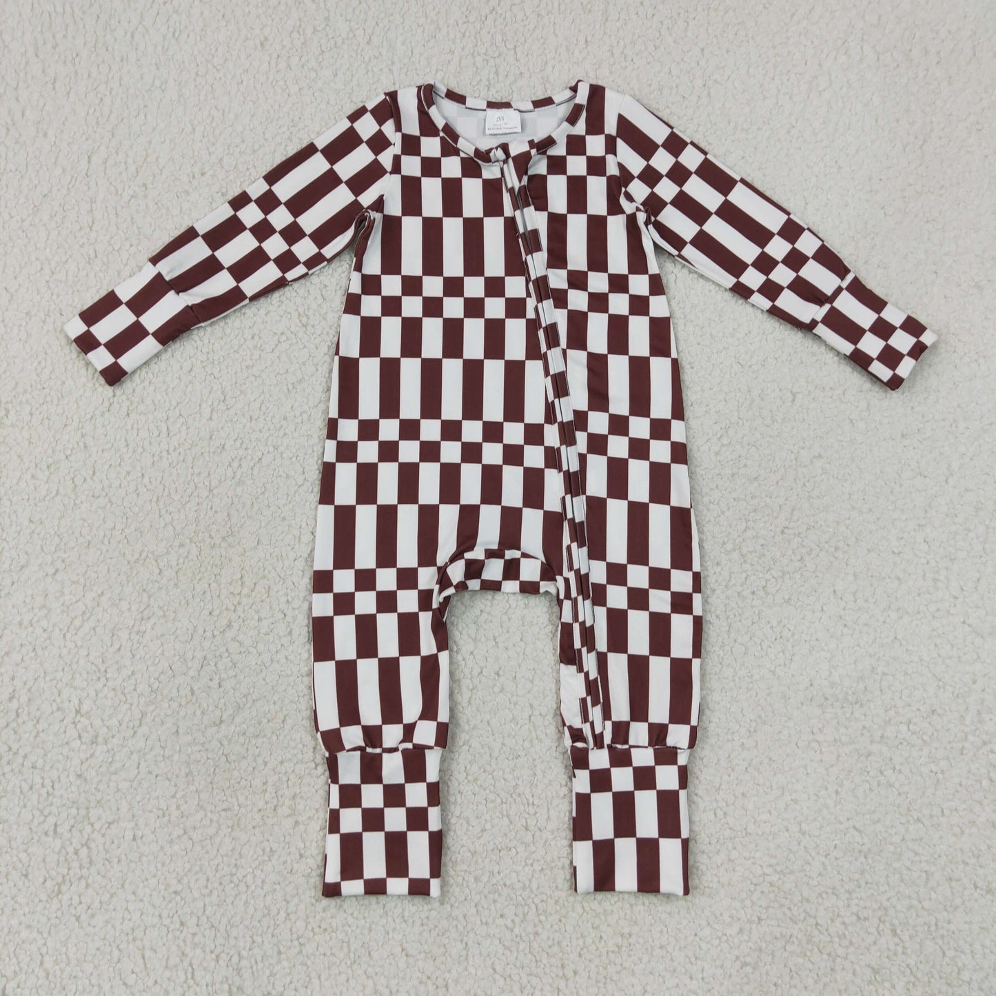 Baby Boys Kids Long Sleeves Brown White Plaid Zipper Footie Sleeper Romper Clothes RTS