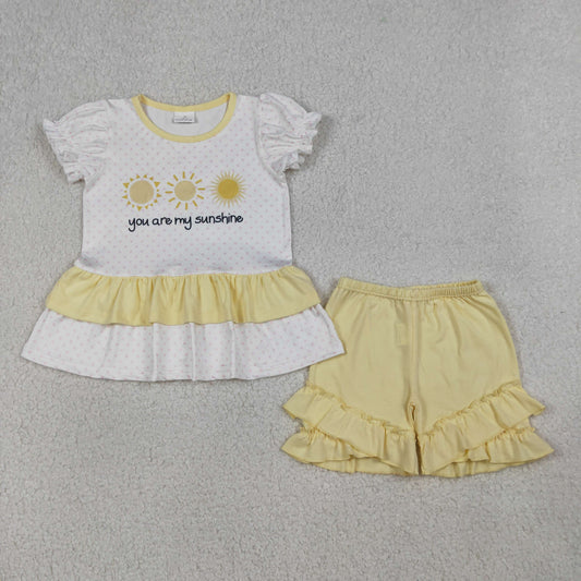 Baby Girls Kids Short Sleeves Suns Tunic Yellow Ruffle Shorts Set RTS