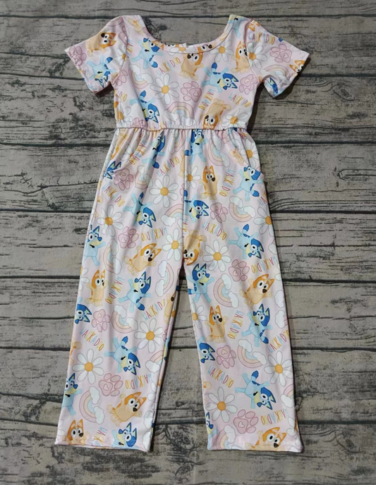 Baby Girl Short Sleeves Dogs Flower Jumpsuit