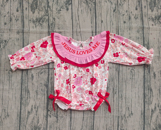 ( No moq ) Preorder Girls Infant Long Sleeves Embroidery Jesus Loves Me Flower Bows Smocked Romper