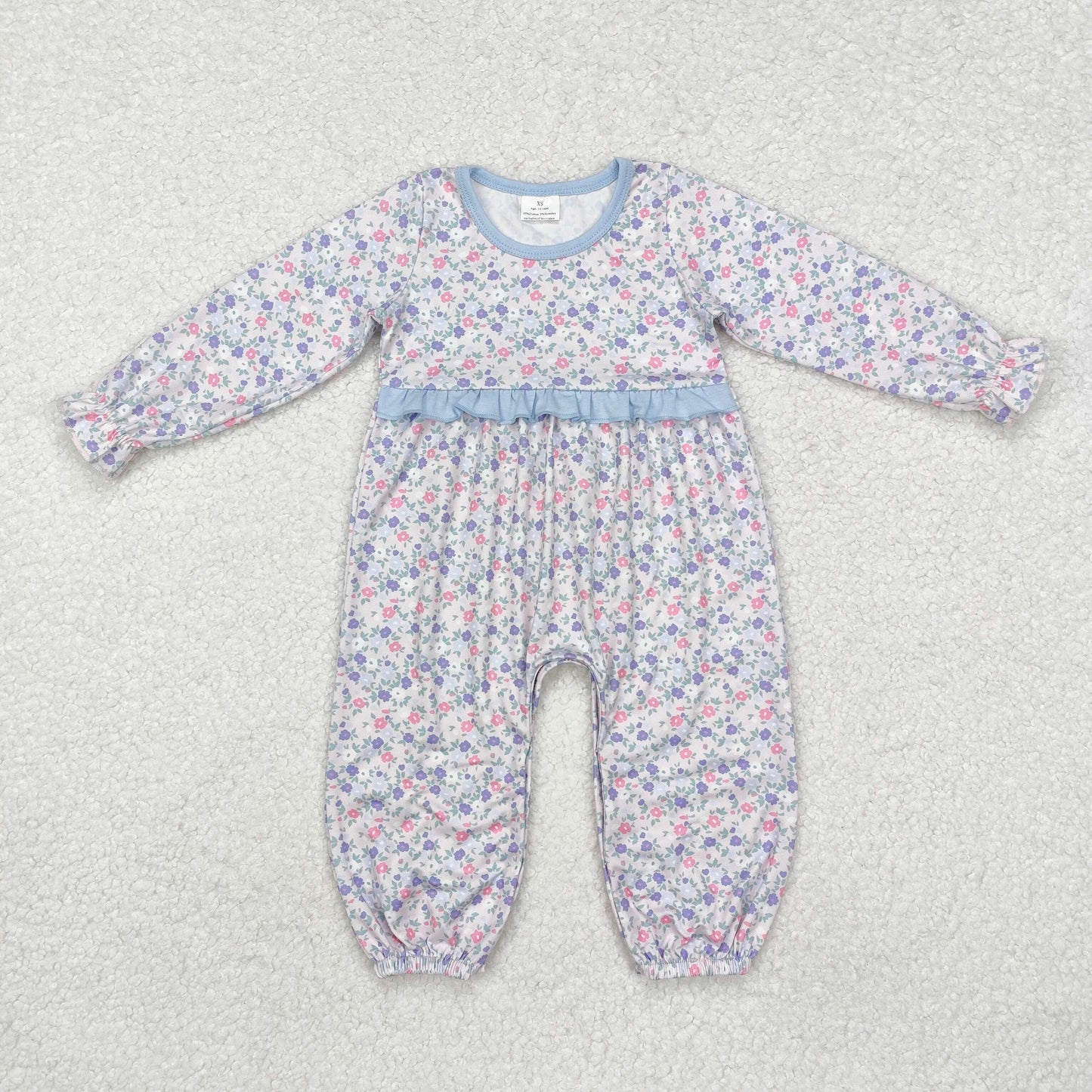 Baby Girl Infant Floral Long Sleeves Blue Ruffle Romper